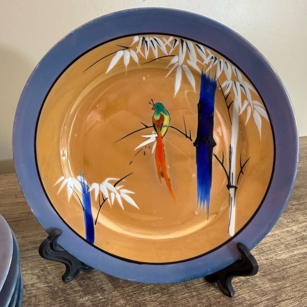 Antique Set of 6 Nippon Lusterware Plates 7” Bird Japan Bamboo Hand Painted - Picture 3 of 14